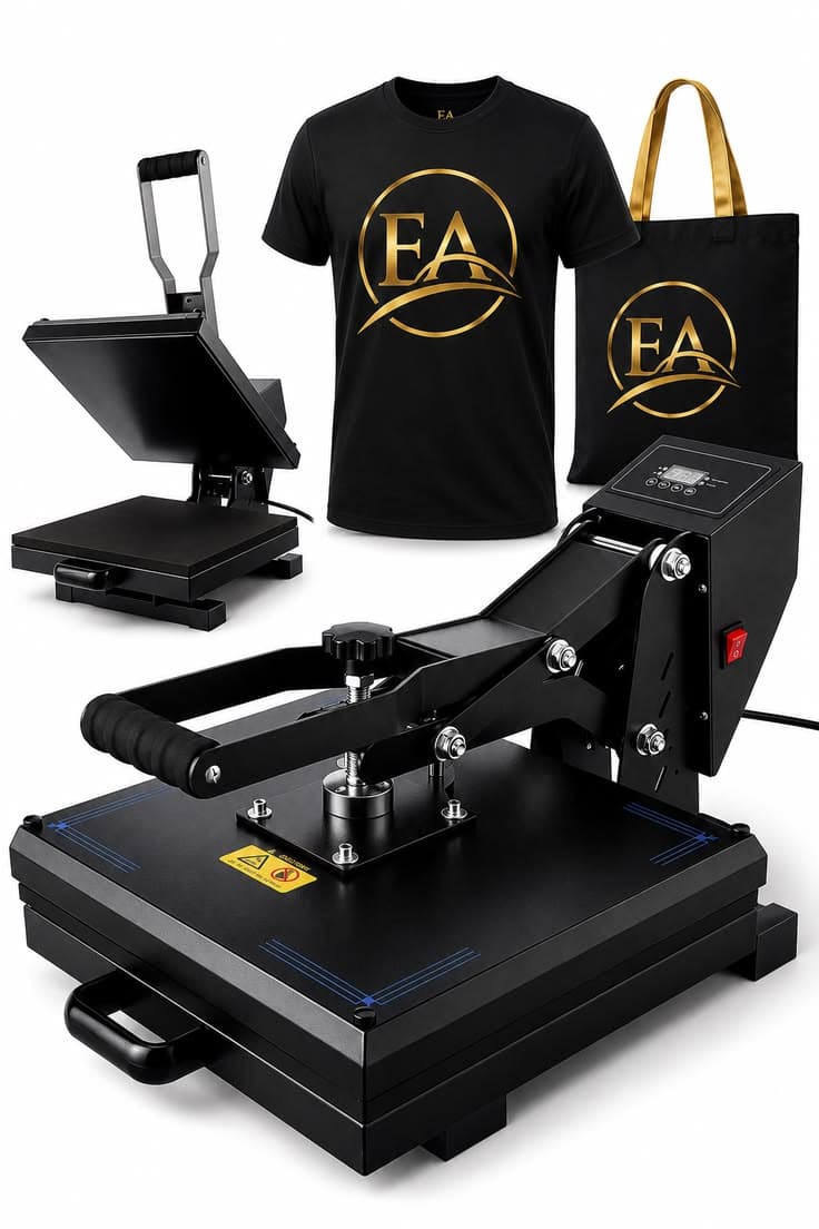A heat press producing custom-designed apparel and merchandise.